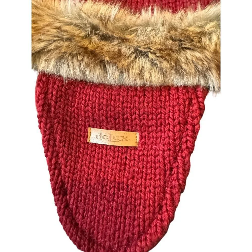Knitted DeLux Trapper Hat With Faux Fur & Patterned Design Women's One Size